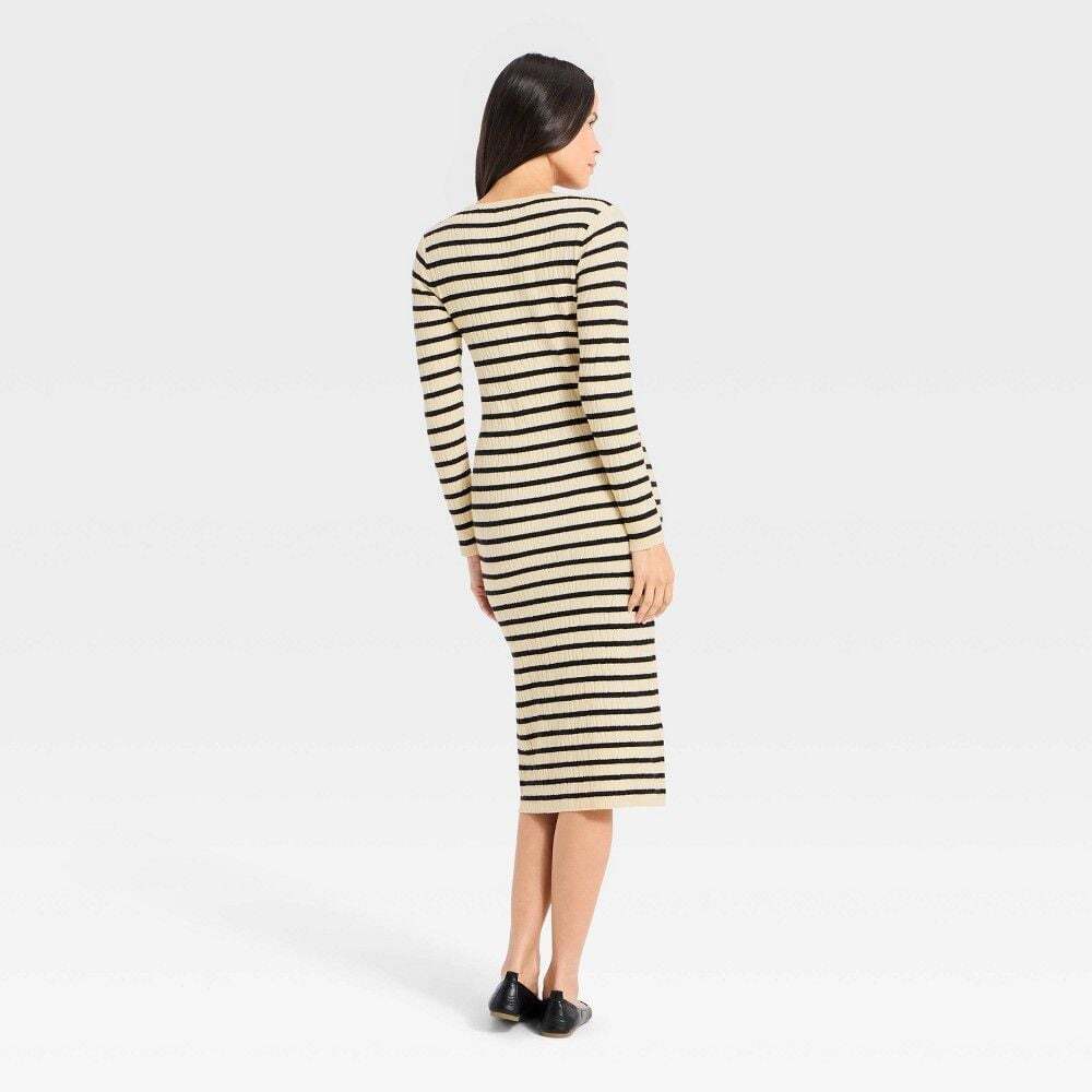 Universal thread Square-Neck Midi Dress Striped Ribbed